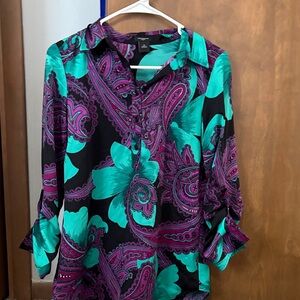 Ann Taylor Black Button-Down Blouse with Teal & Purple Paisley